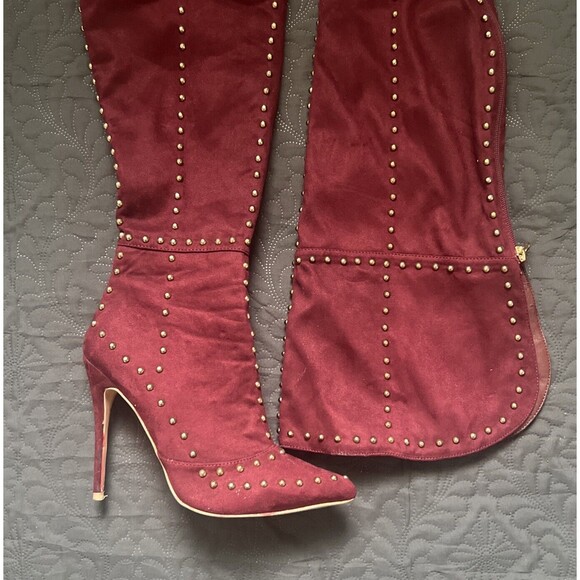 MACKIN J 181-1 Maroon Faux Suede Thigh High Pointy Toe Studded Stiletto Boot SZ8 - Picture 4 of 12